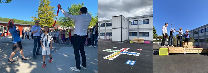 Tre bilder som visar personer som klipper band och delar av de upprustade skolgårdarna